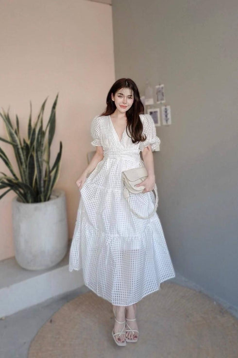 Summer V-neck Puff Sleeve Flounce Dresses